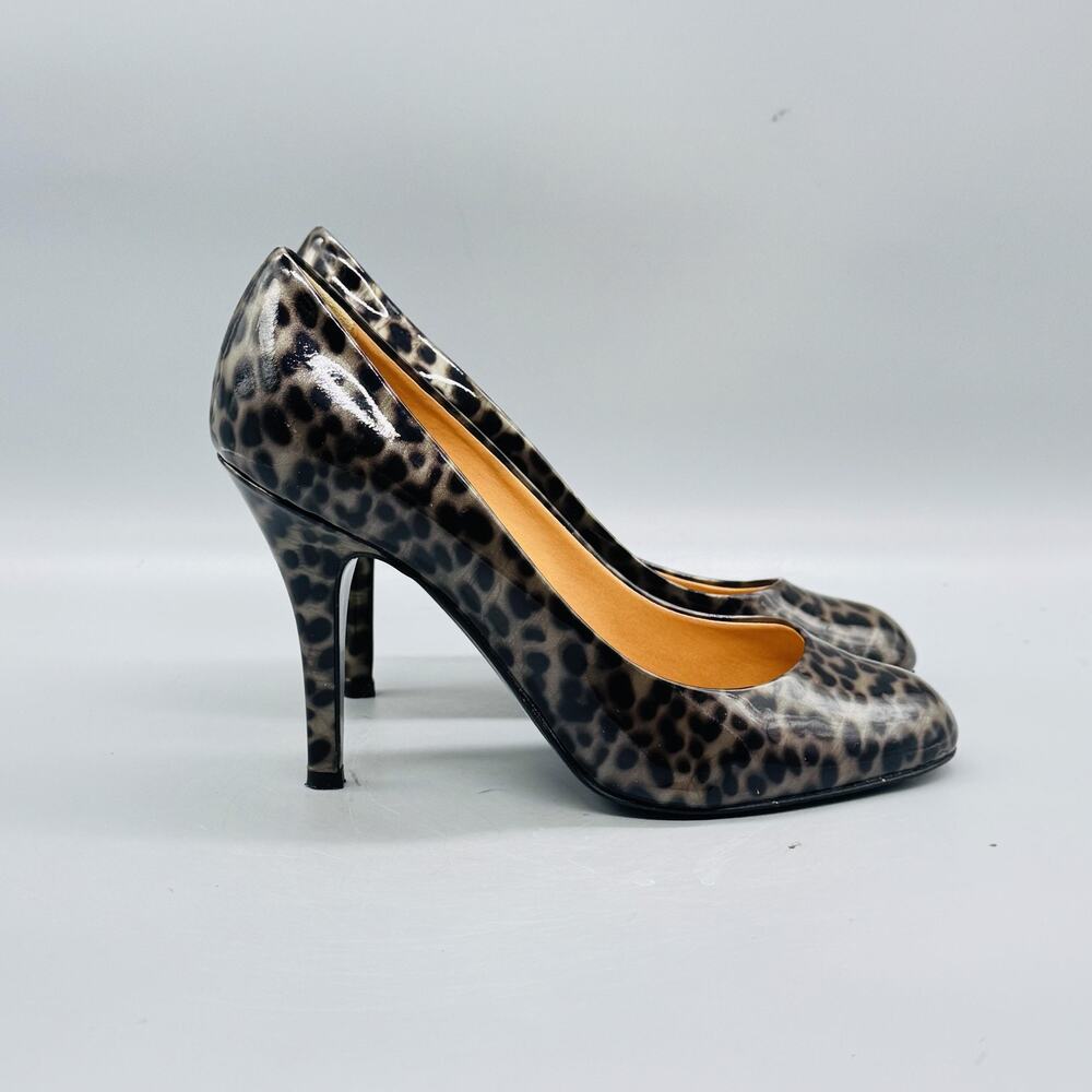 J Crew Shoes Womens 6.5 Brown Patent Leather Leopard Stiletto Heels Italy